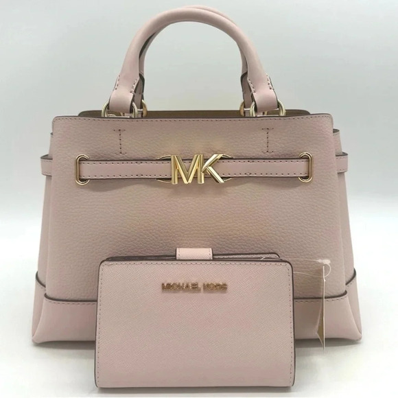 Michael Kors Reed Small Satchel Crossbody Bag & MD Bifold Zip Chain Wallet Pink - Picture 1 of 16